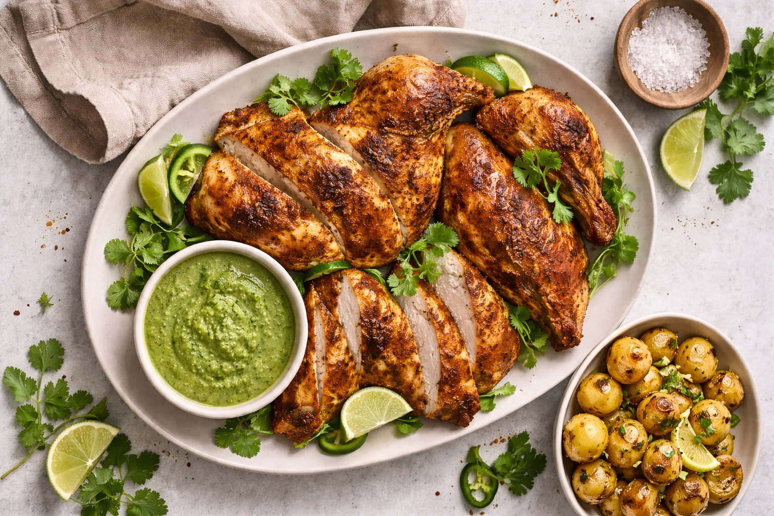 Peruvian-Style Roast Chicken with Herby Green Sauce