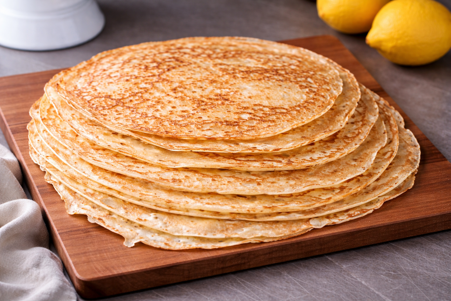 Stack of homemade Crepe Pancakes on a wooden chopping board