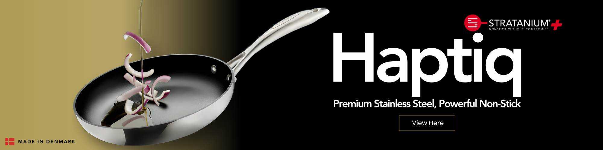 Stainless steel frying pan with non-stick coating on a black background, featuring Haptiq branding.