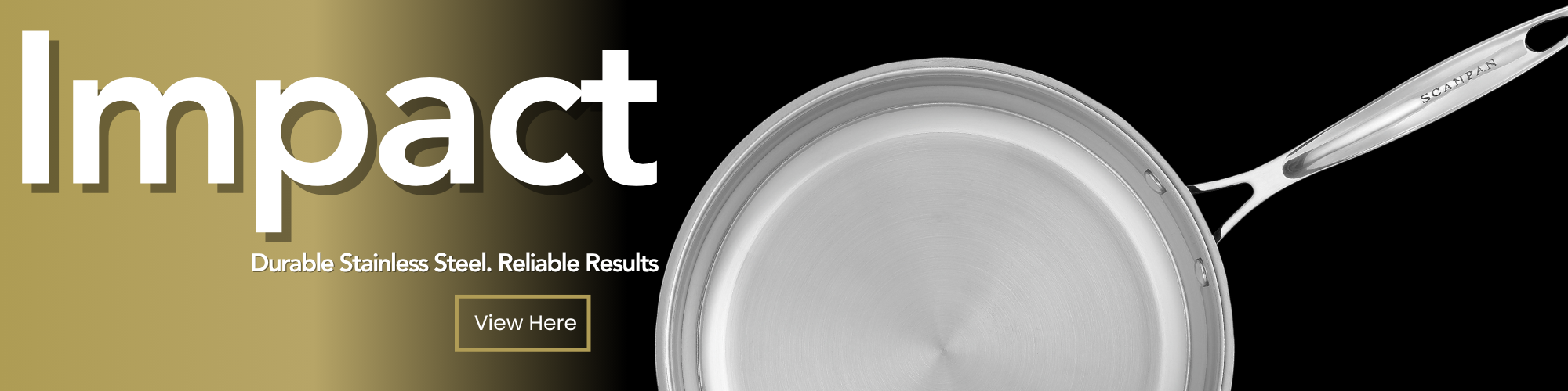 Stainless steel frying pan with 'Impact' branding and text on a black background