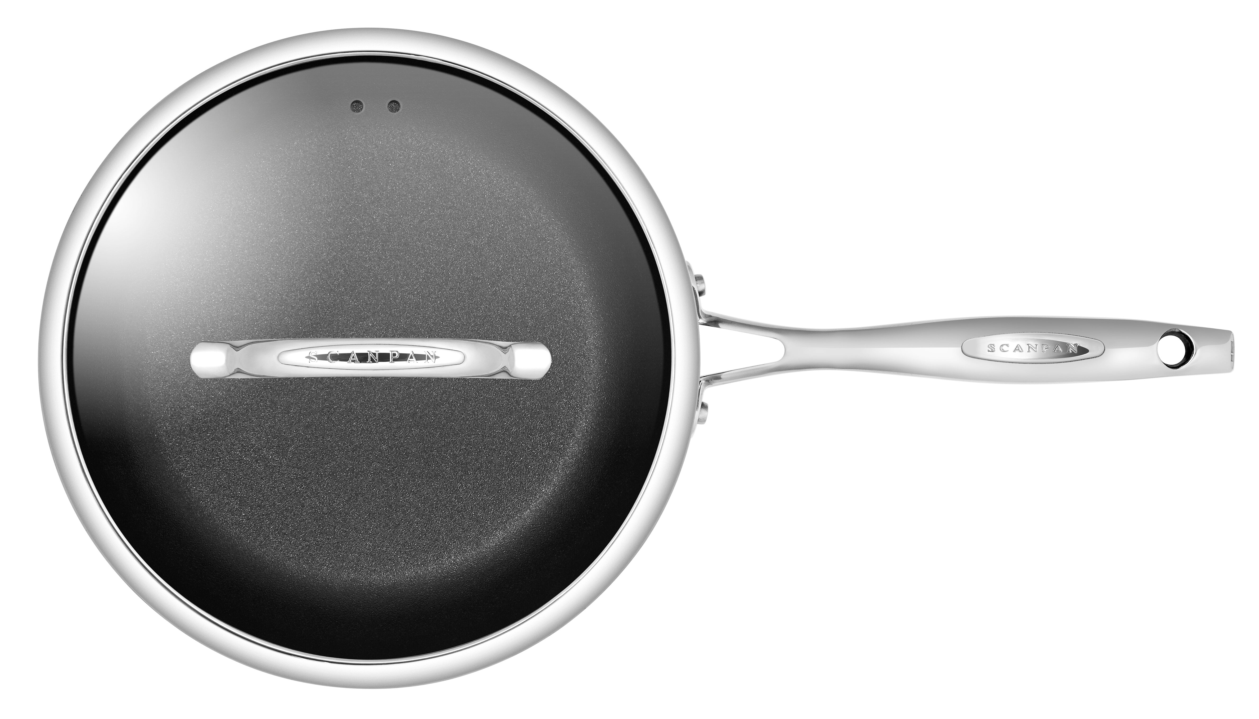 Black frying pan with a silver handle on a white background