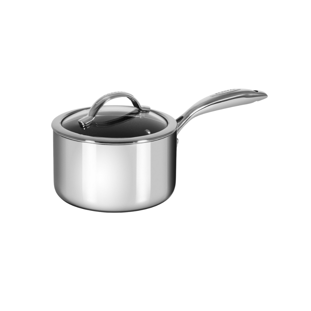 Stainless steel saucepan with lid on a white background