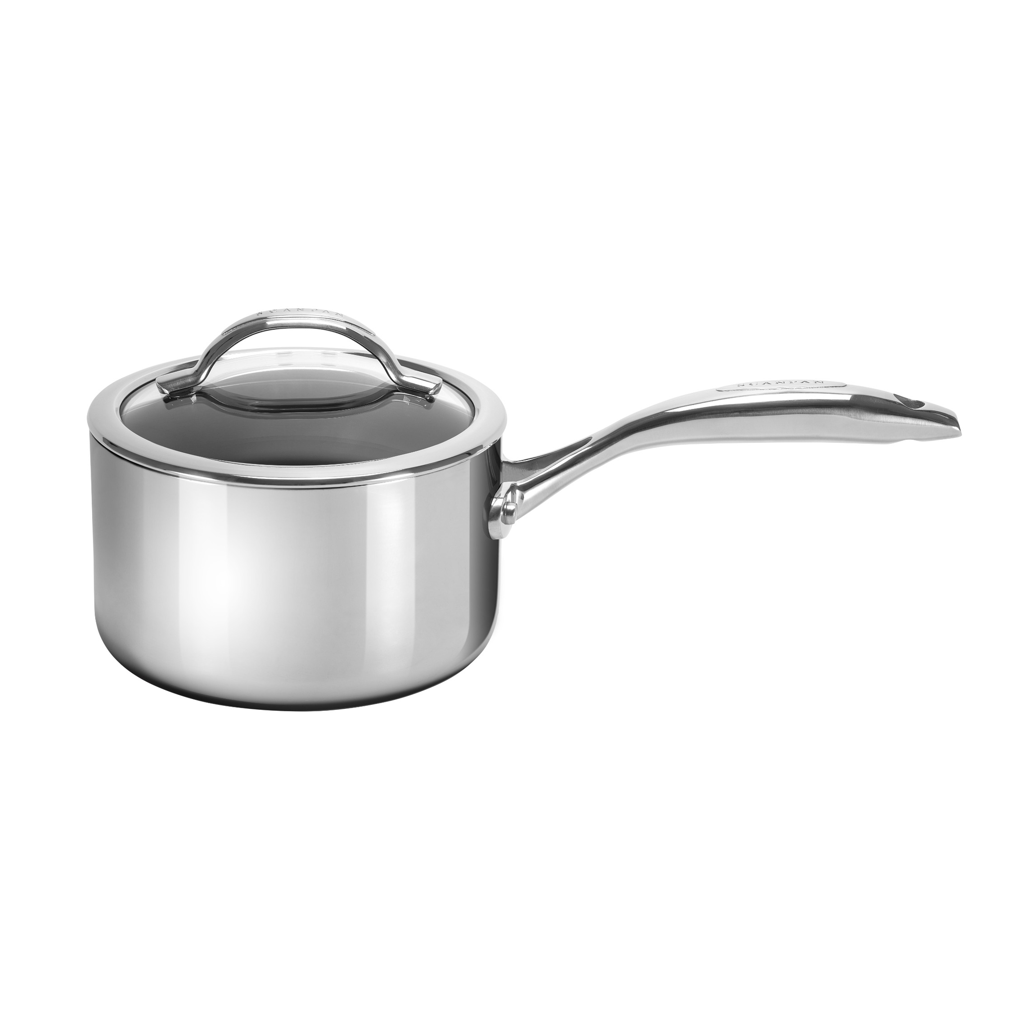 Stainless steel saucepan with lid on a white background
