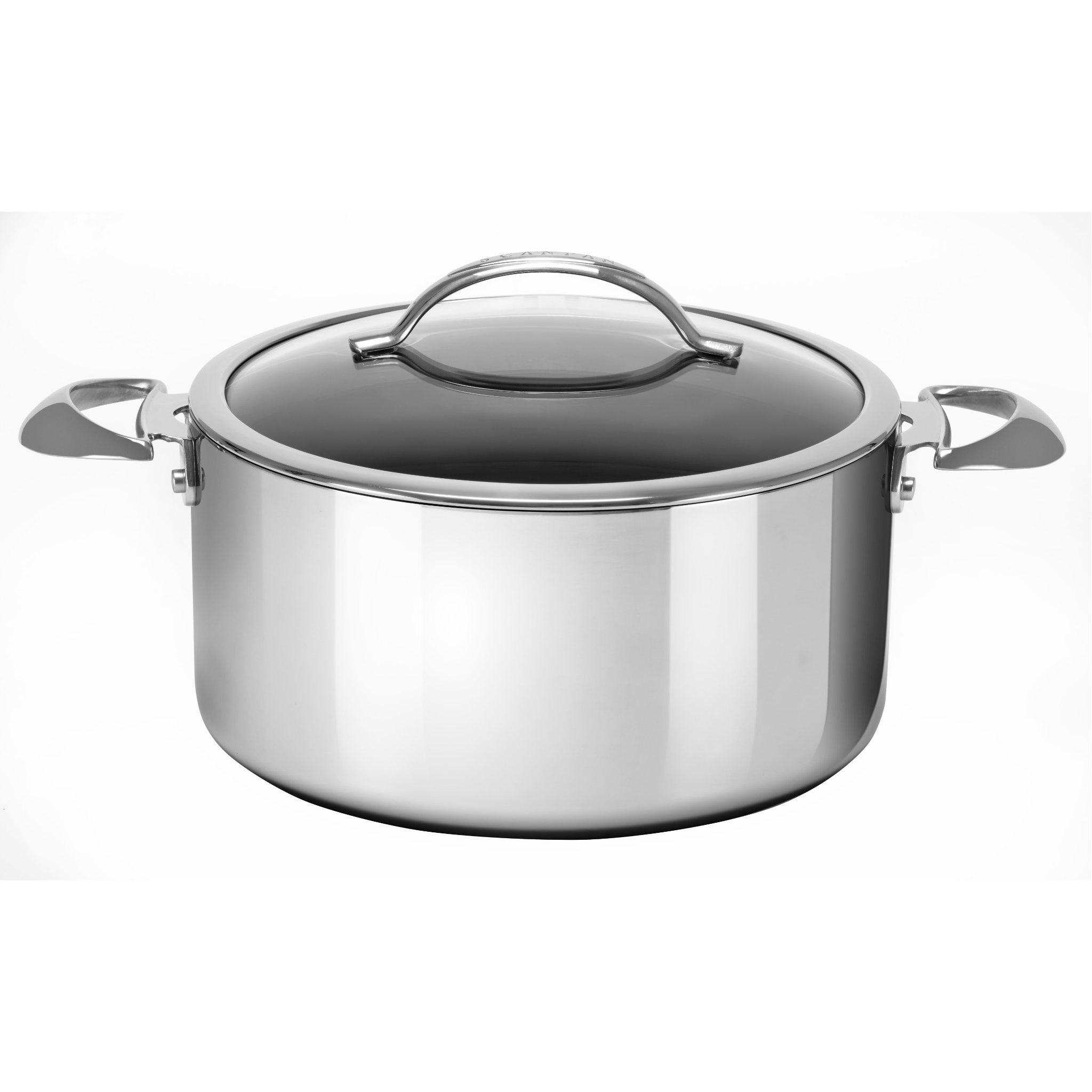 Stainless steel pot with lid on a white background