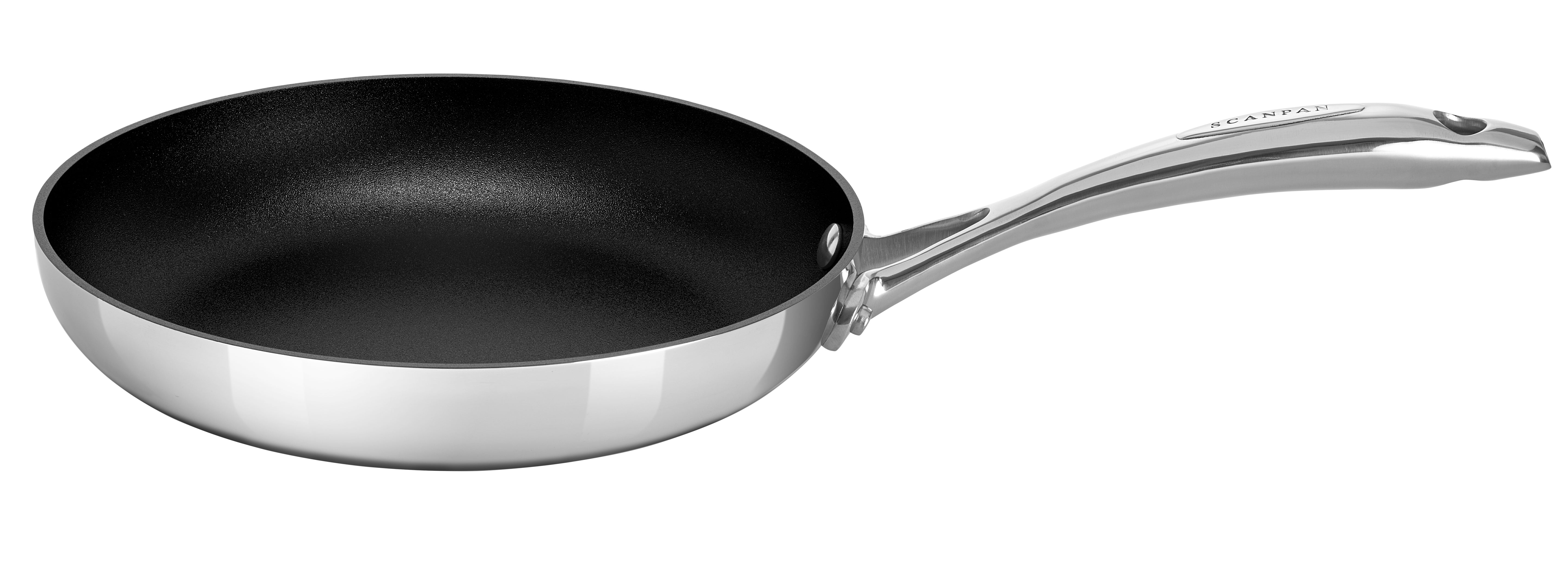 Stainless steel frying pan with a black non-stick surface on a white background