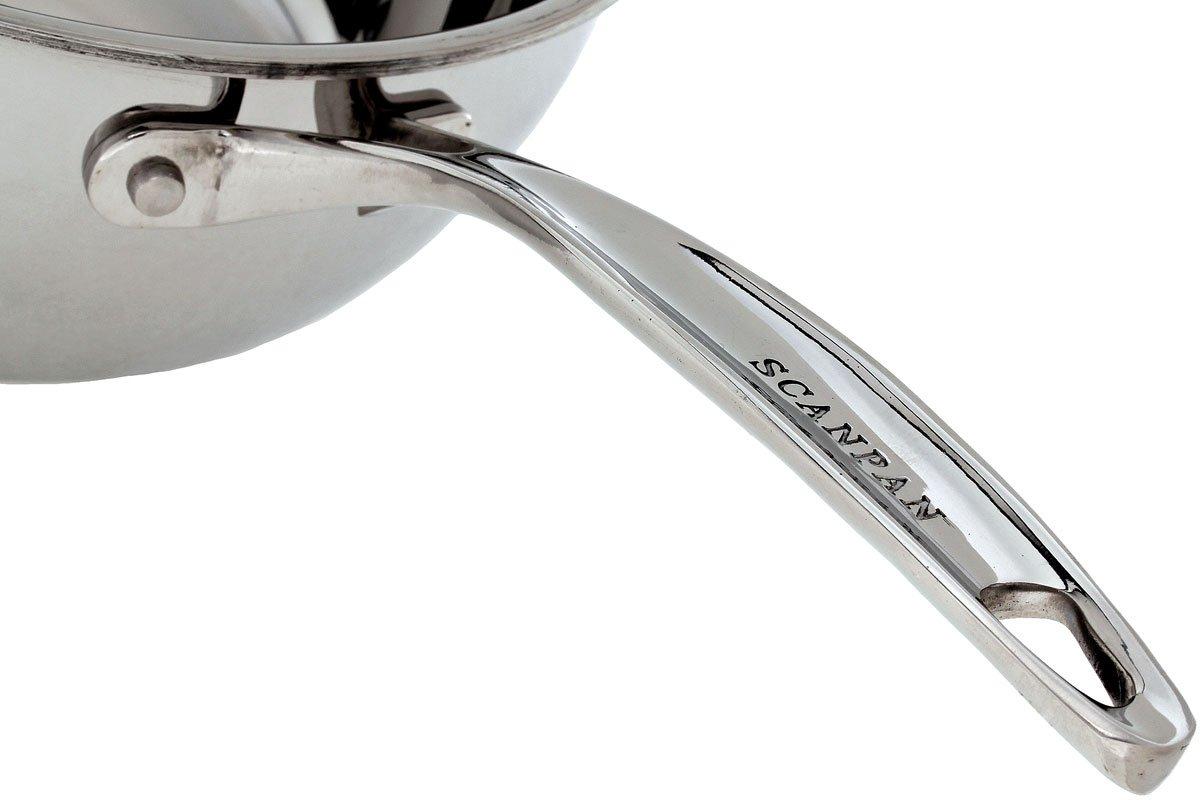 Close-up of a stainless steel saucepan handle with the brand name SCANPAN engraved on it, set against a plain white background.