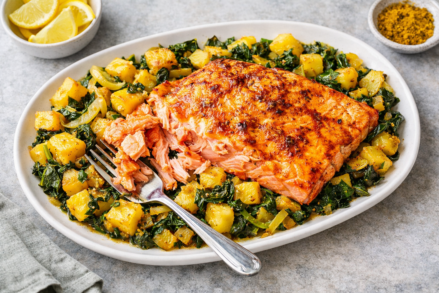 Spiced Salmon With Tray Baked Sag Aloo