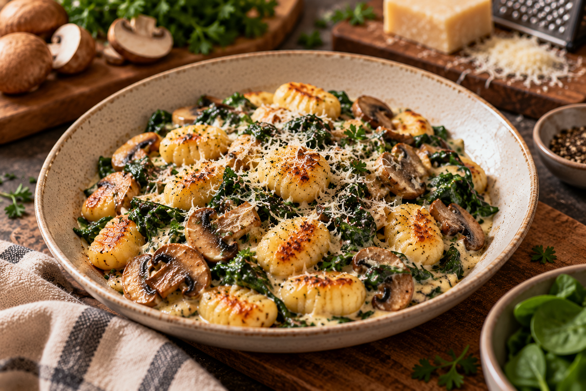 Crispy Gnocchi with Mushrooms, Spinach and Parmesan