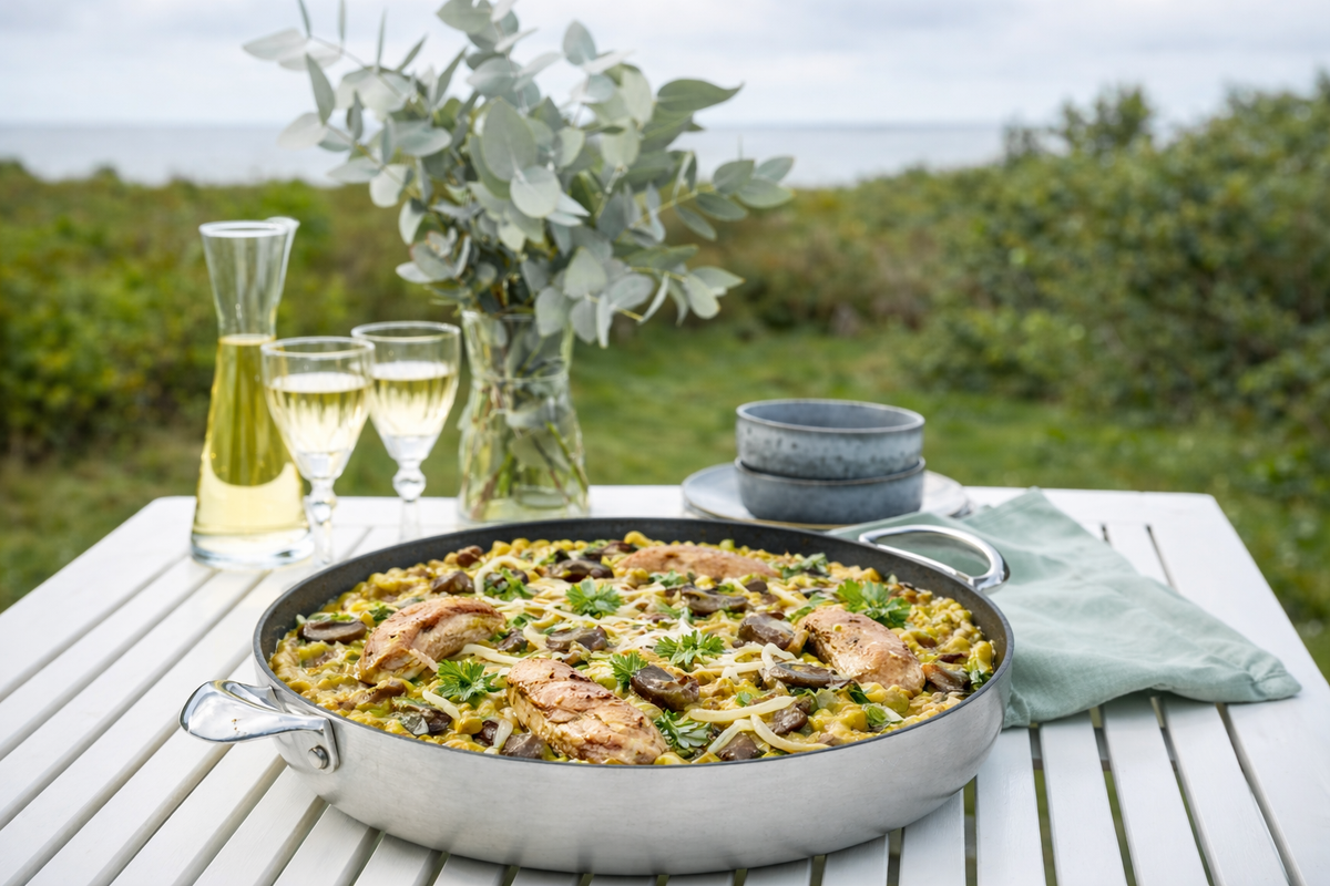 Paella in a pan on a table outdoors with glasses of white wine and a vase of flowers.