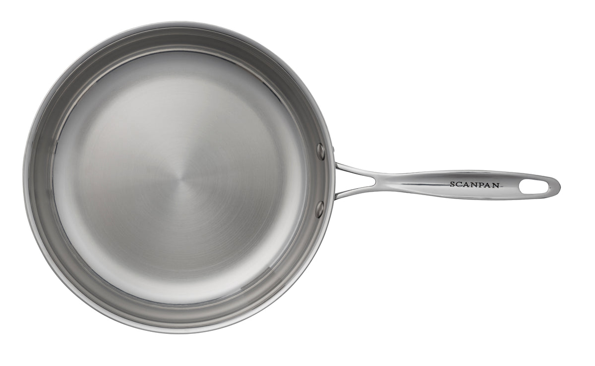 A stainless steel saucepan with a long handle, shown from a top-down perspective on a solid white background. The brand name 'SCANPAN' is clearly visible on the handle.