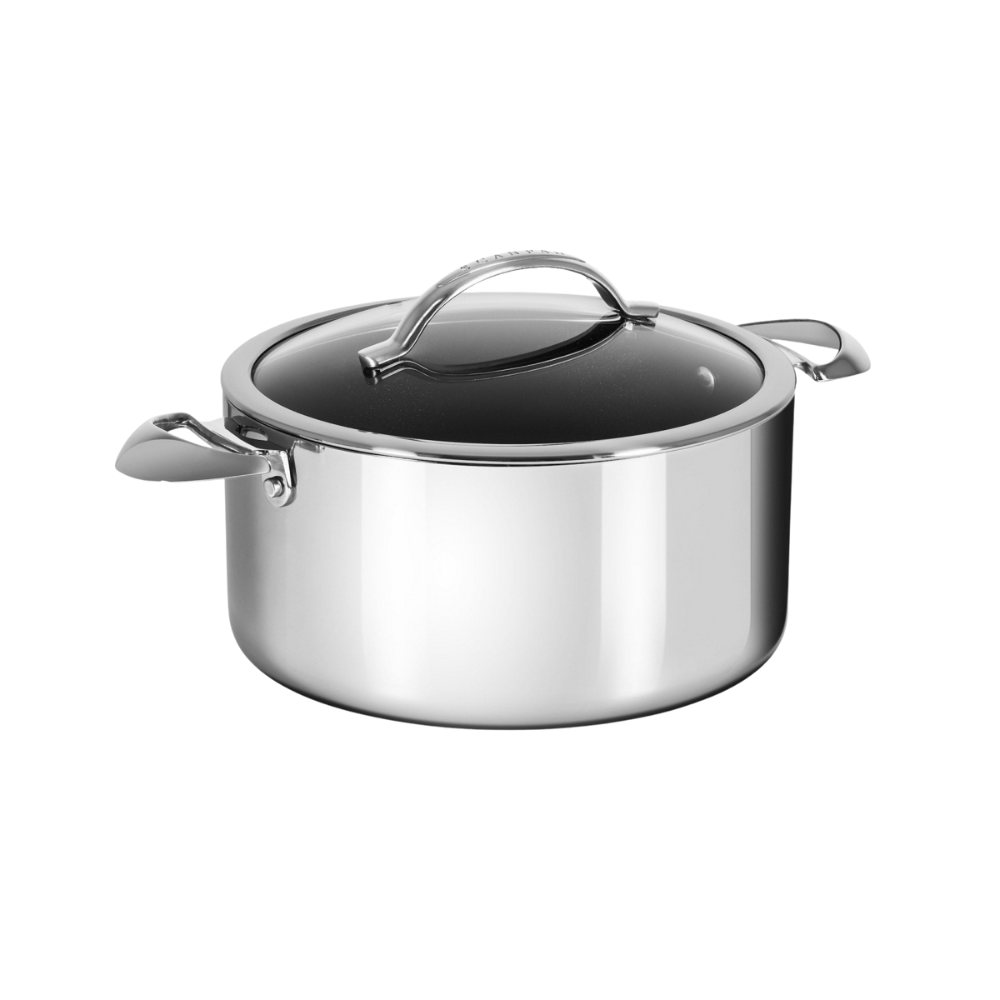 Stainless steel pot with lid on a white background