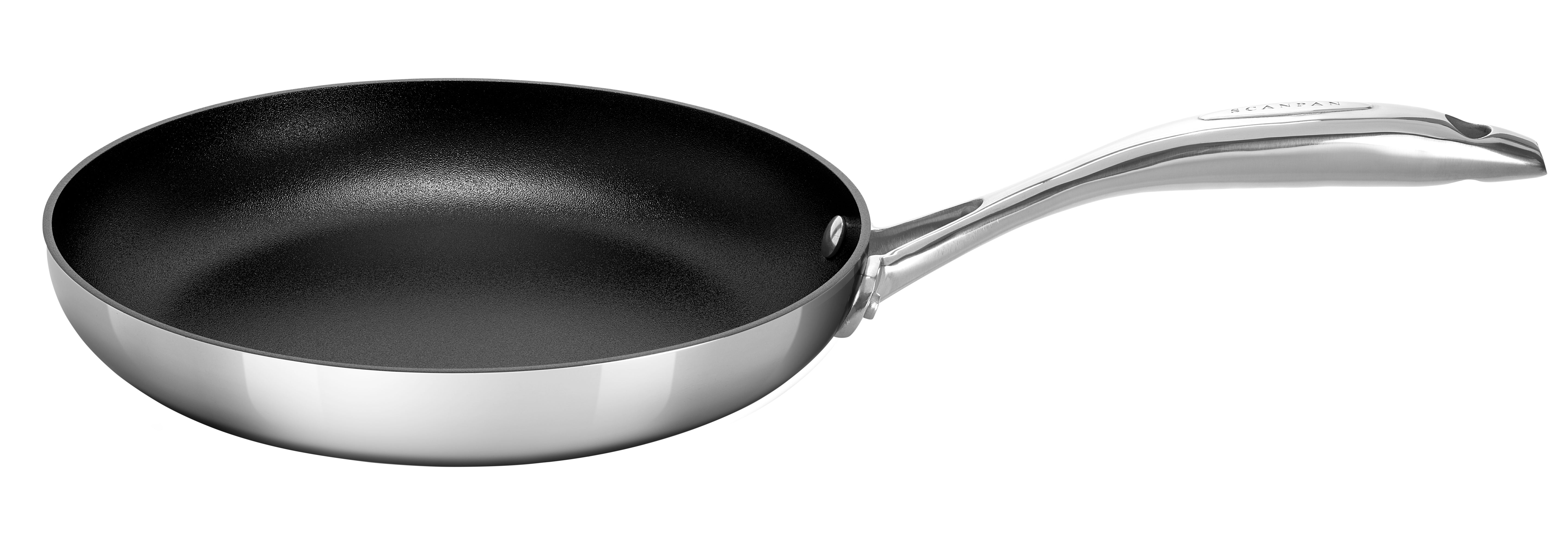 Black frying pan with a silver handle on a white background