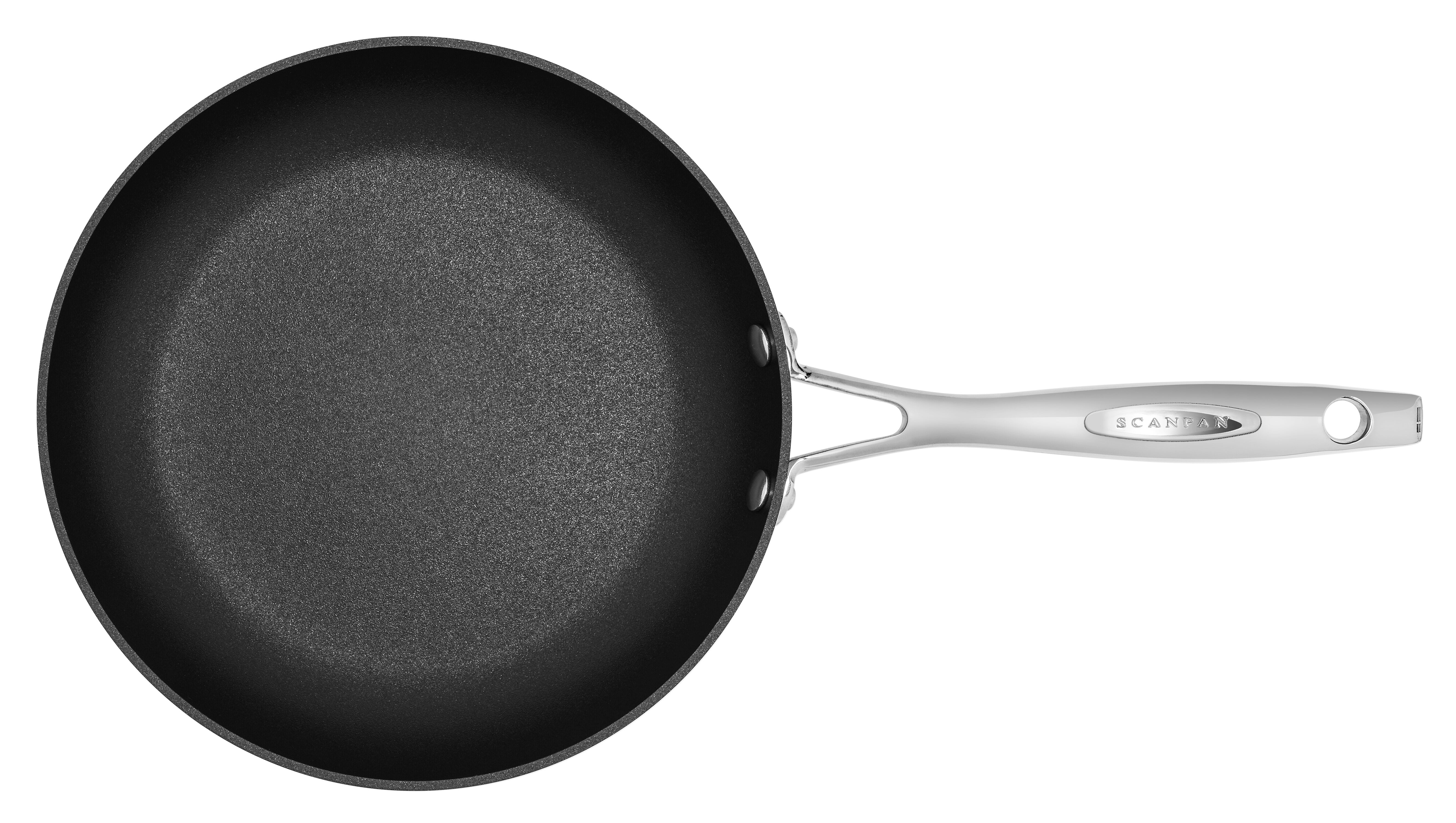Black frying pan with a silver handle on a white background