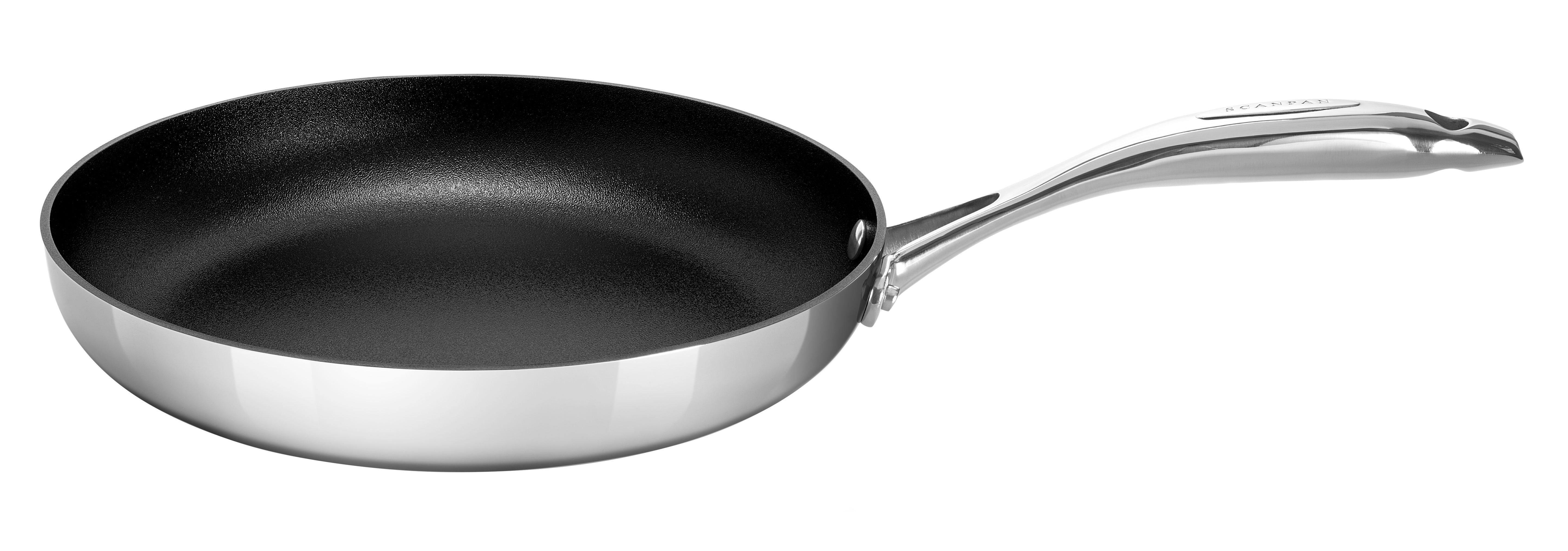 Stainless steel frying pan on a white background