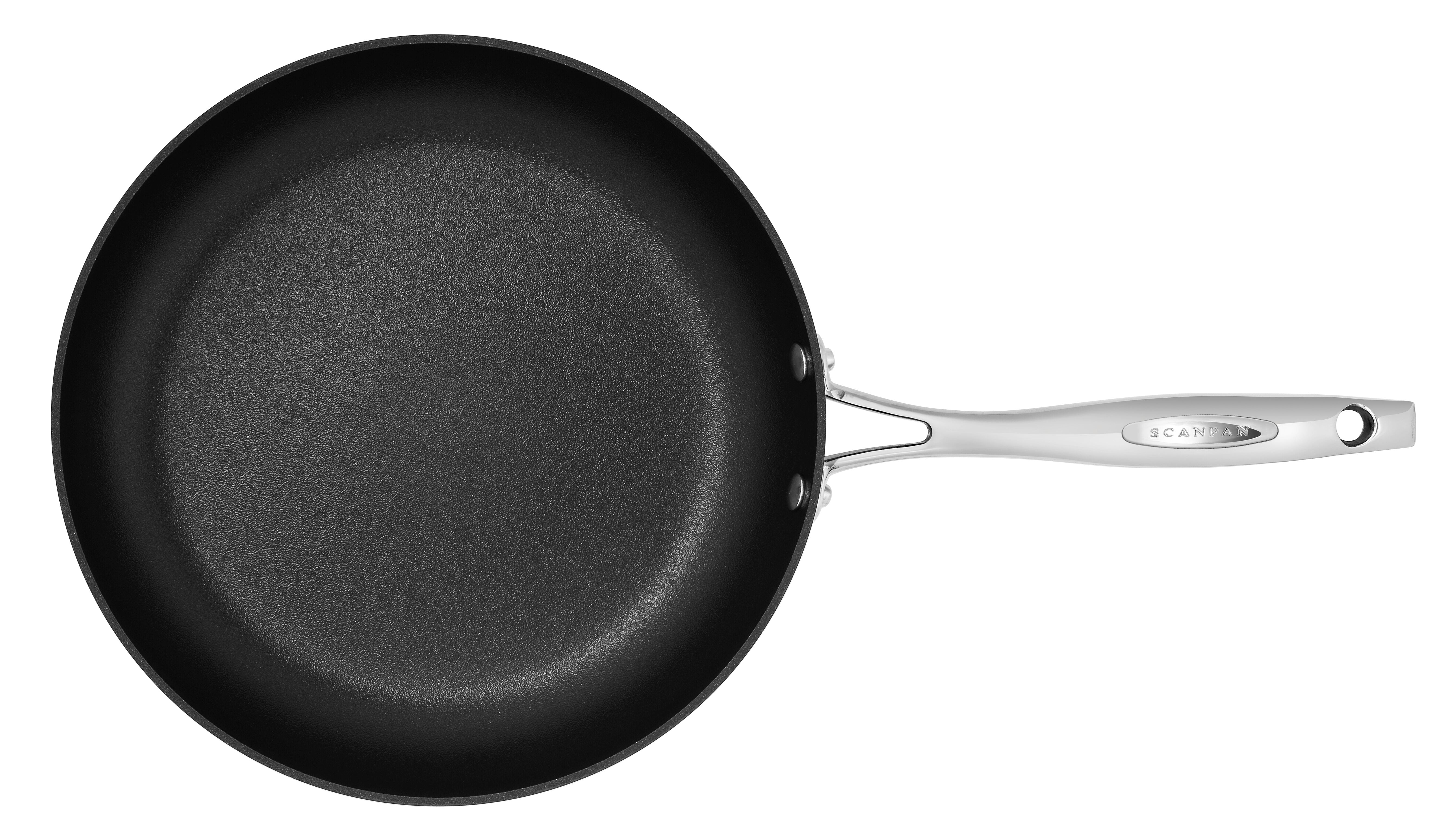 Black frying pan with a silver handle on a white background