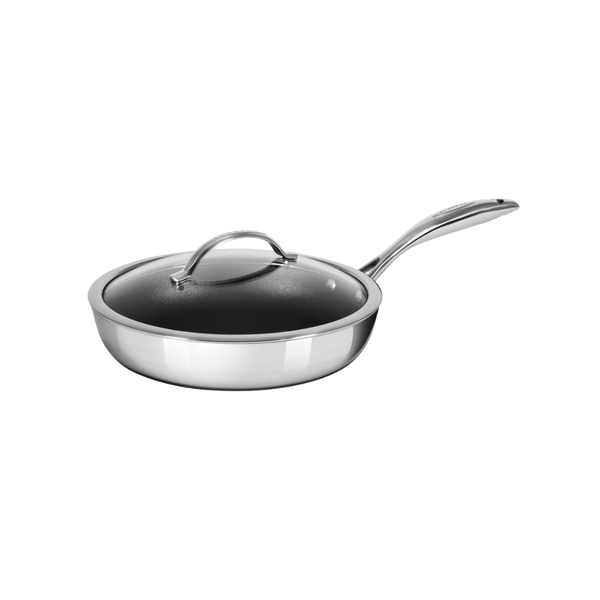 Stainless steel frying pan with a glass lid on a white background