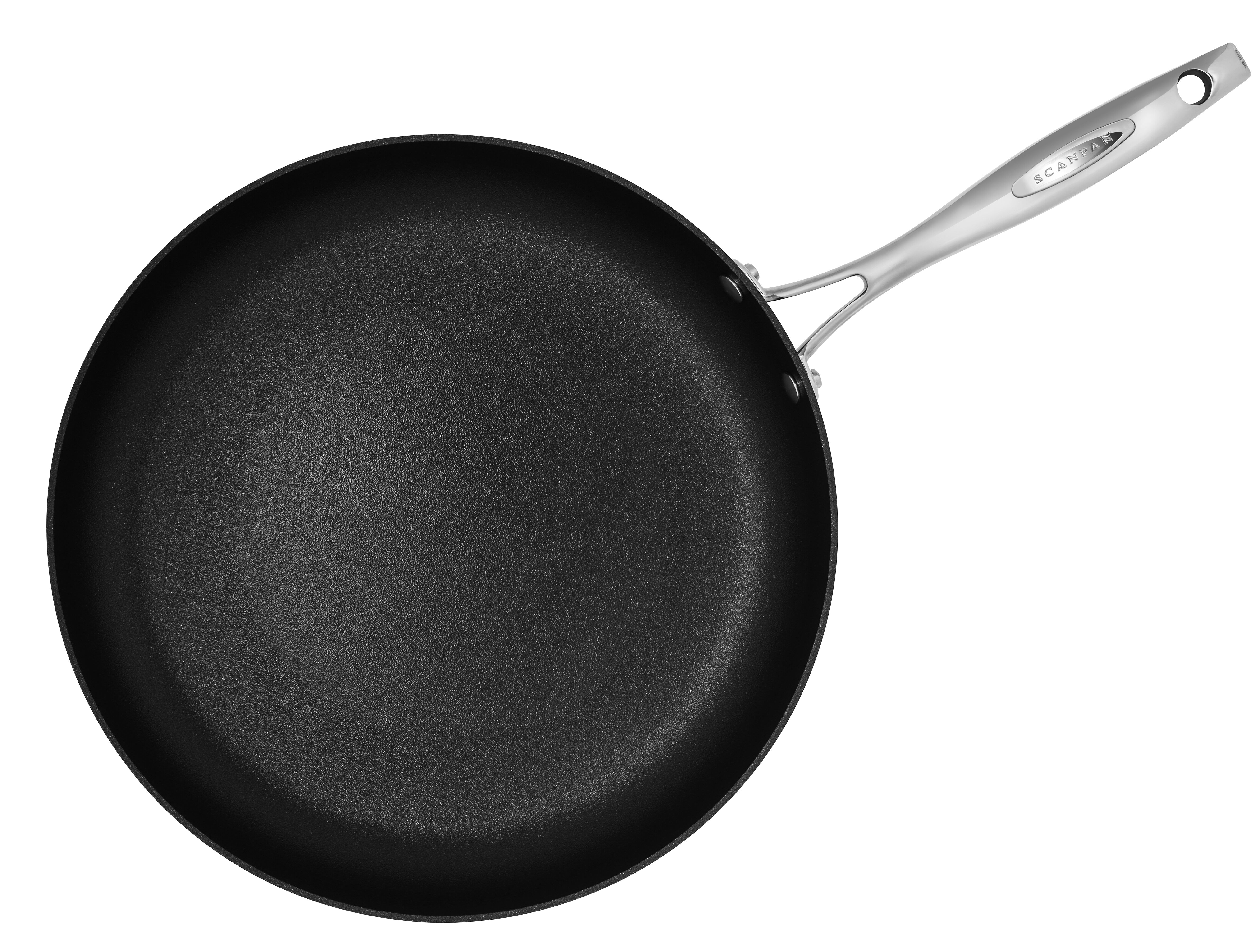 Black frying pan with a silver handle on a white background