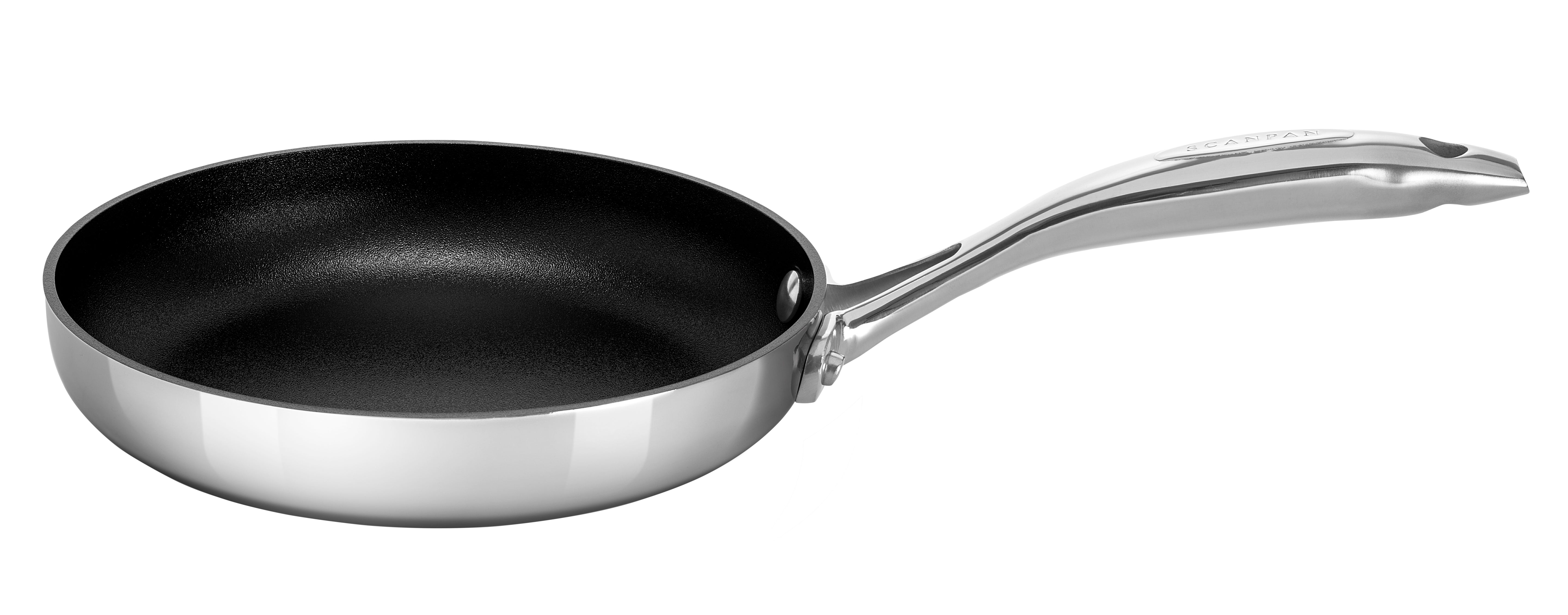 Stainless steel frying pan with a black non-stick surface on a white background