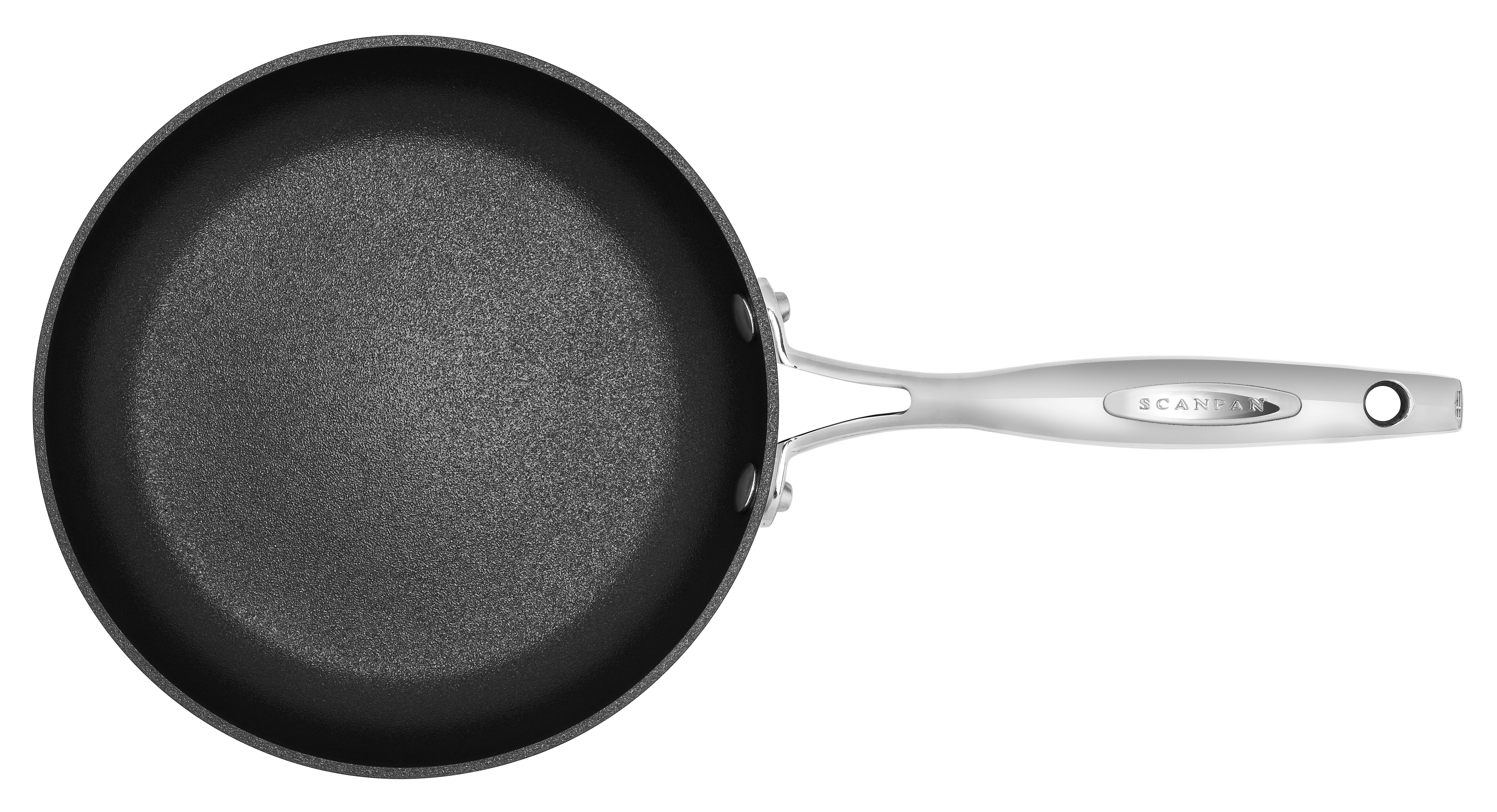 Black frying pan with a silver handle on a white background